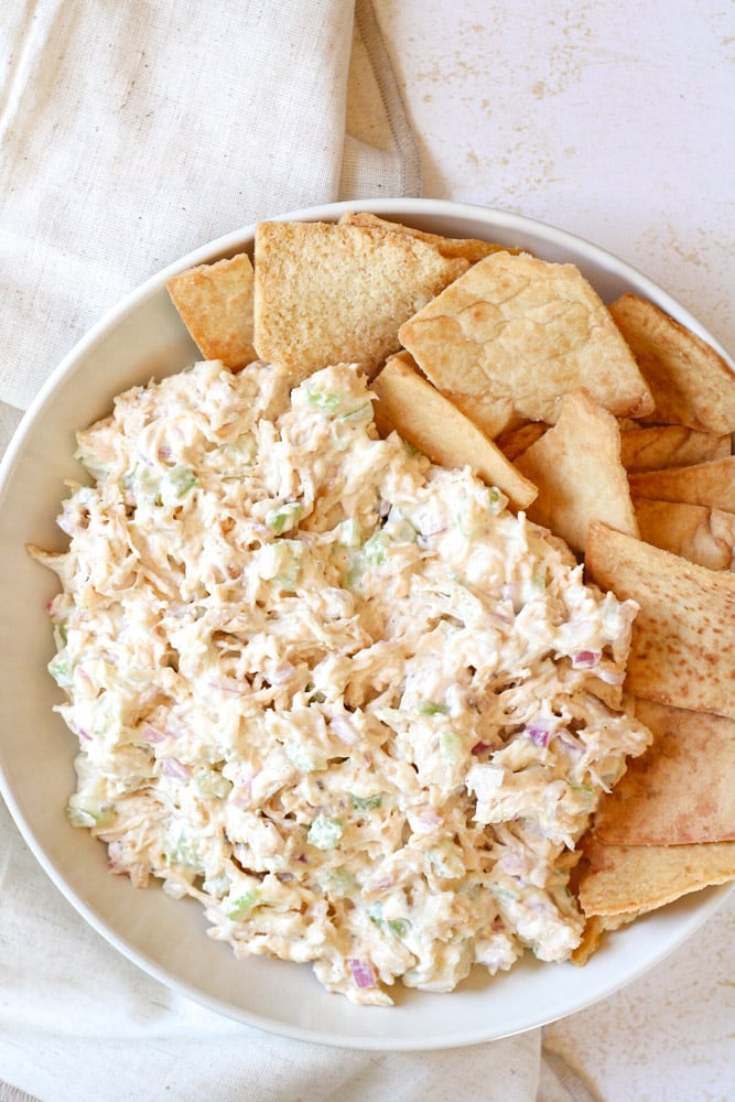 Close up image of chicken salad in a bowl.