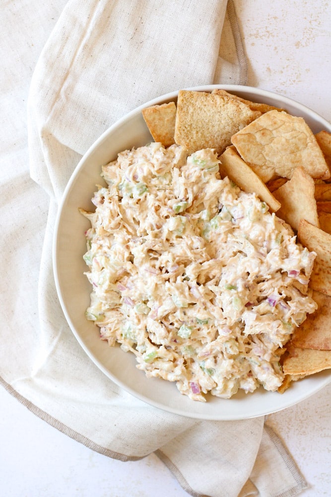 Overhead image of chicken salad in a bowl.