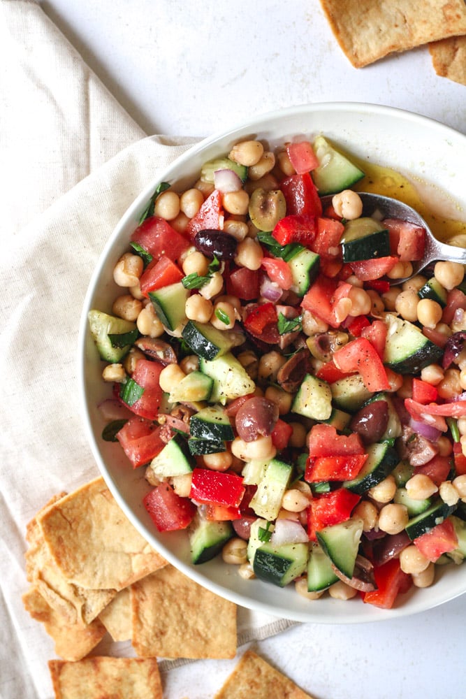Close up image of garbanzo bean salad.