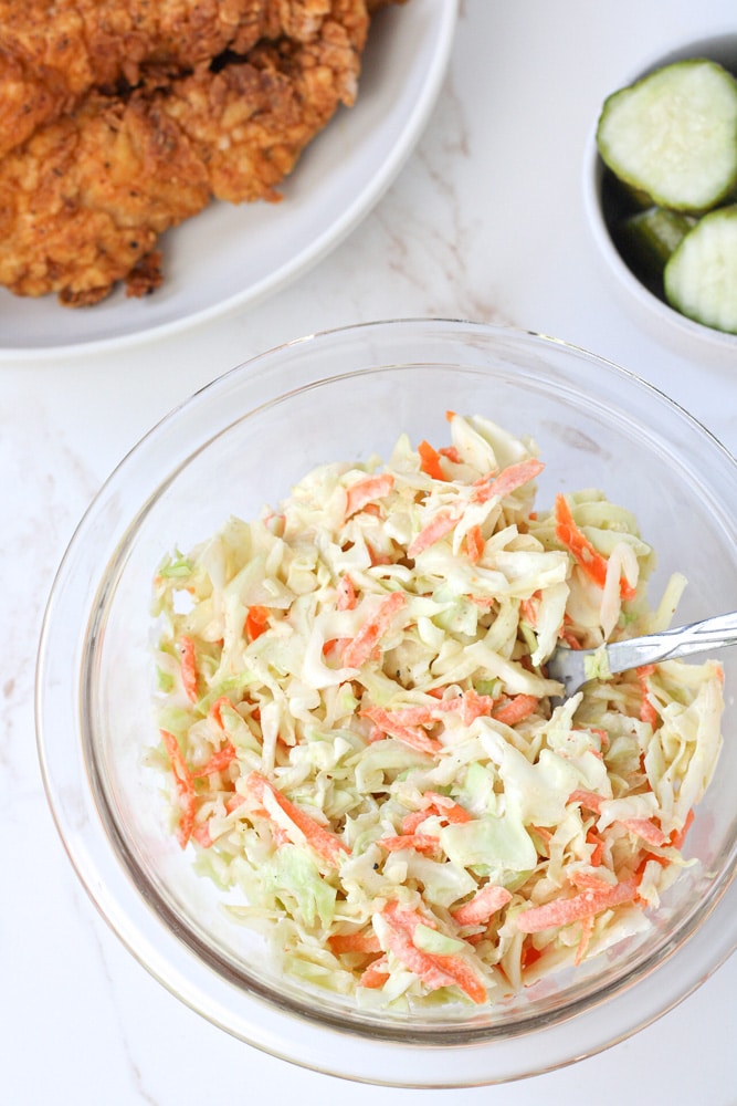 Close up on a bowl of coleslaw.