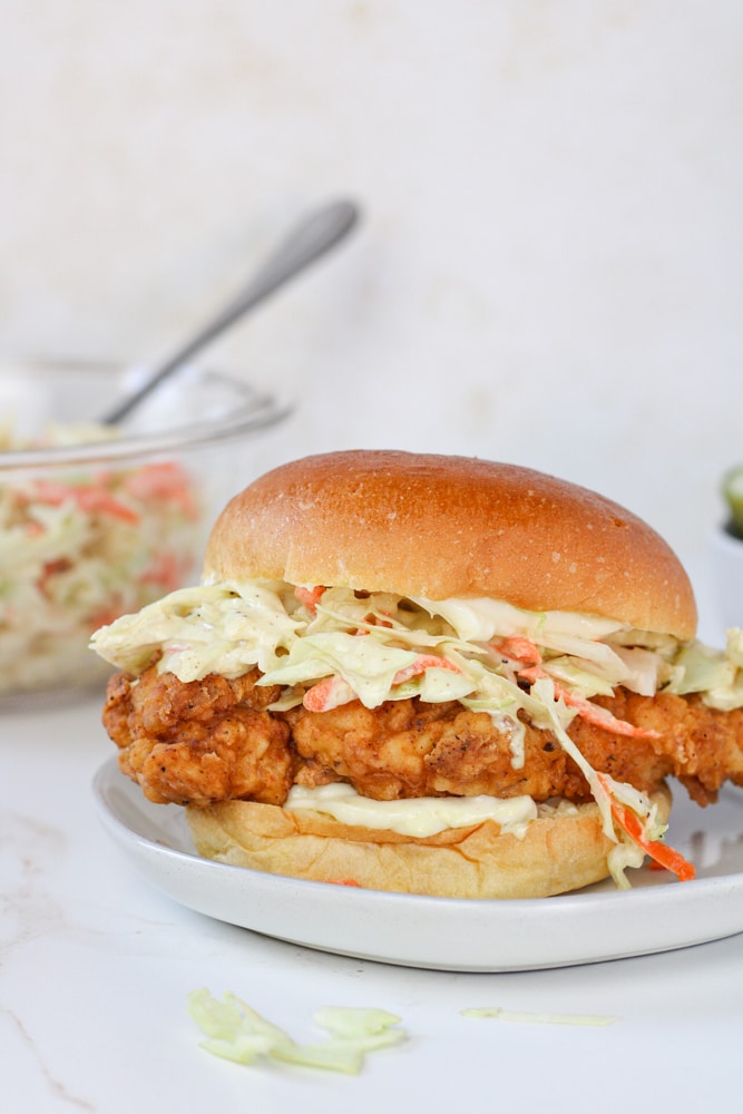 Close image of a fried chicken sandwich.