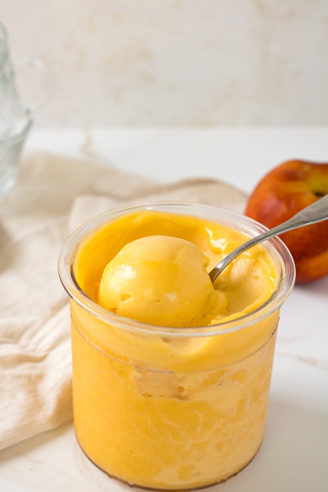 Side view of a scoop of sorbet in a container.