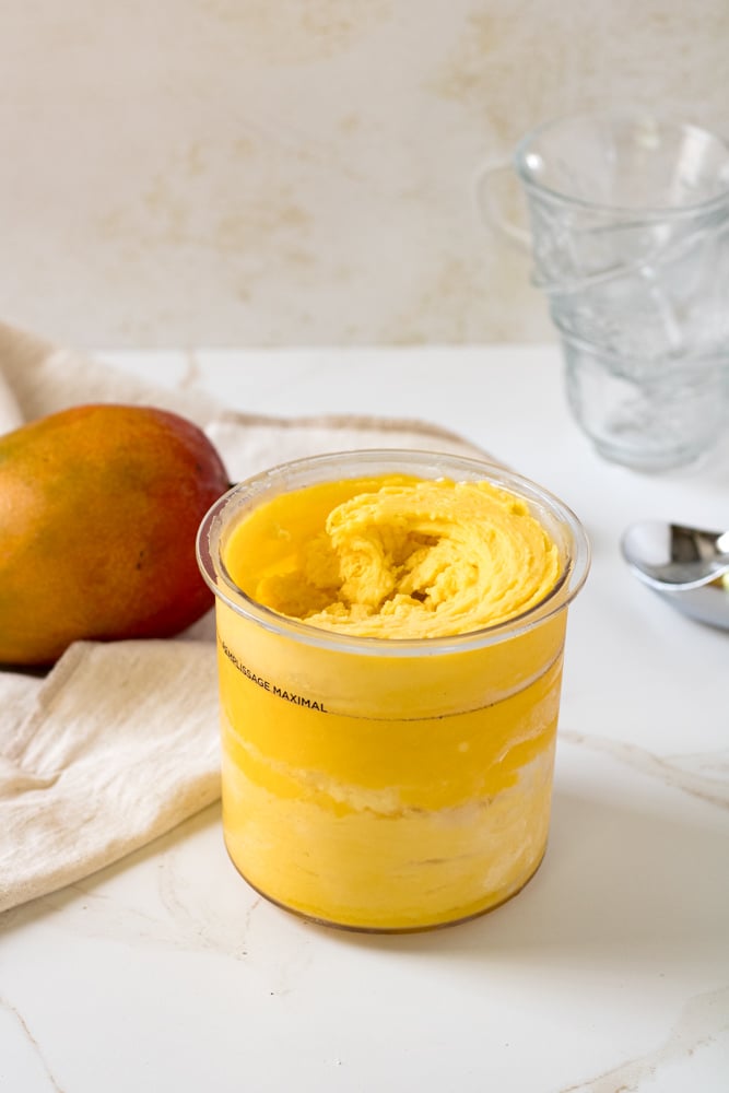 Blended mango sorbet inside the container.