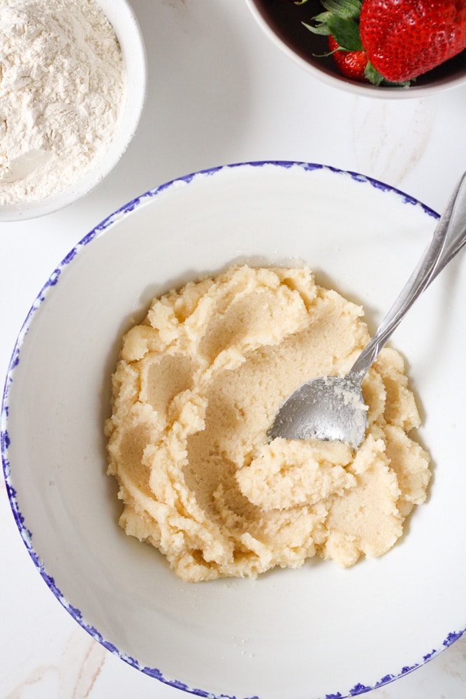 Creamed butter and sugar in a mixing bowl.