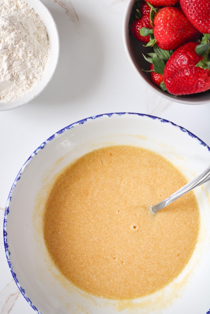 Creamed butter and eggs in a large mixing bowl.