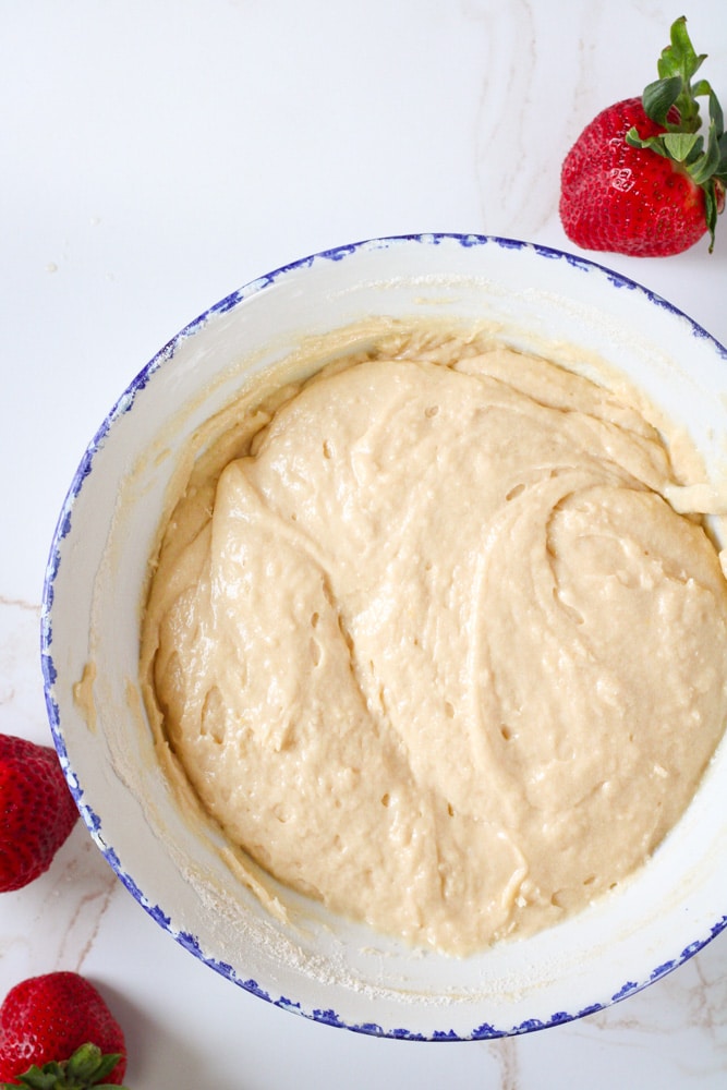 Muffin batter in a large mixing bowl.