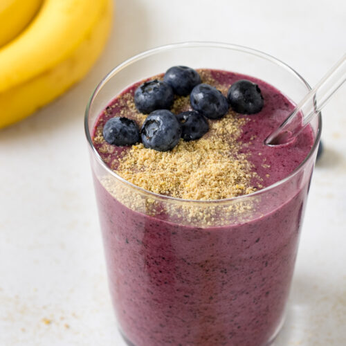 Side view of blueberry banana smoothie.