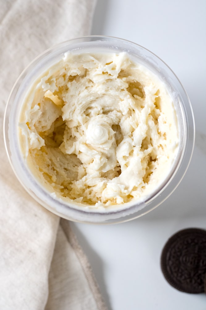 Overhead image of vanilla ice cream right out of the ninja creami ice cream machine.