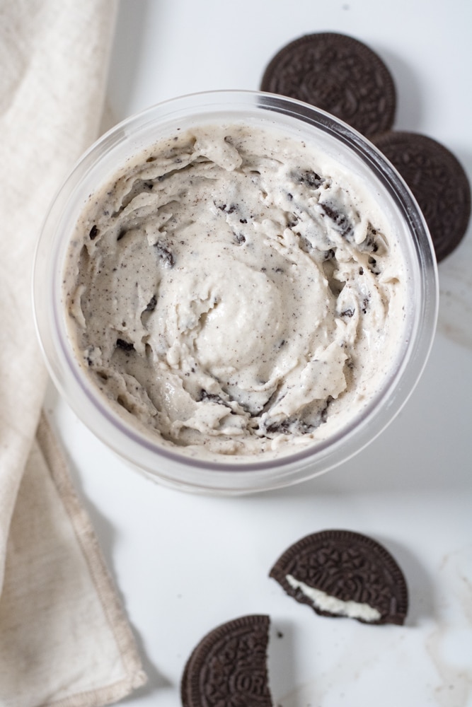 Overhead image of oreo ice cream right out of the ninja creami machine.