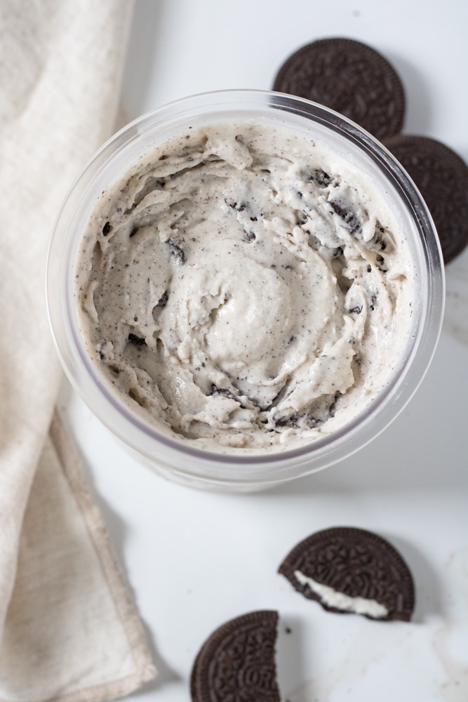 Overhead image of oreo ice cream in a container.