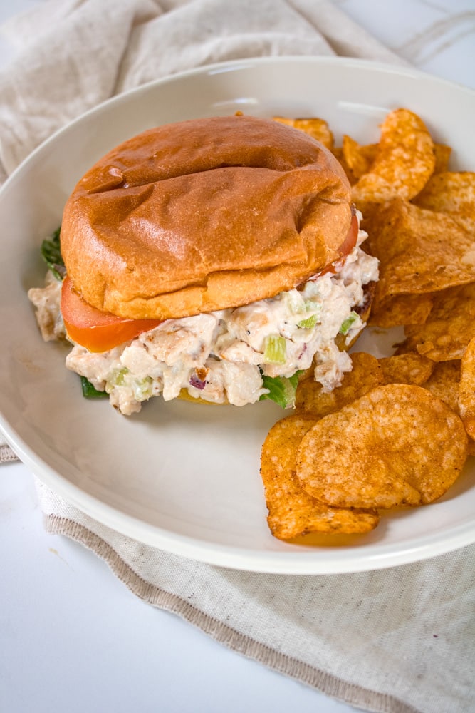 Smoked chicken sandwich on a plate.