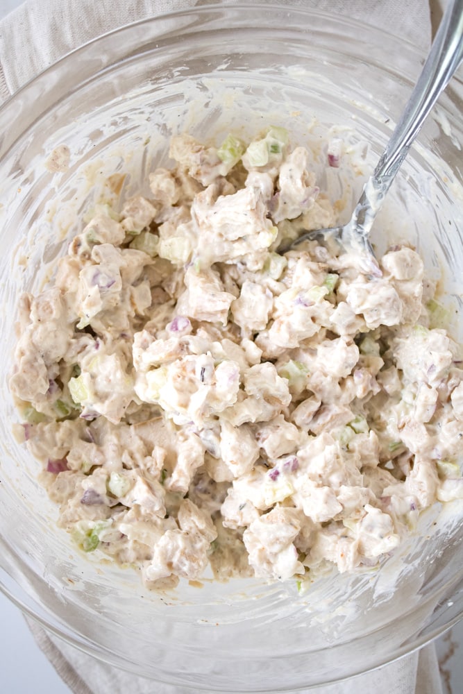 Close up image of smoked chicken salad in a bowl. 