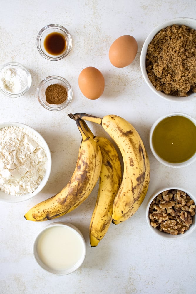 Banana cake ingredients on a table.