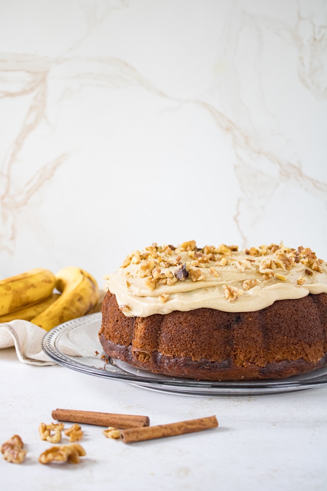 Side view of banana bread bundt cake.