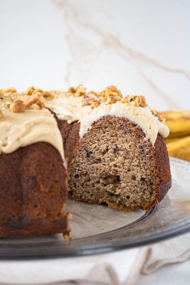 Side view of a slice of banana bread cake.