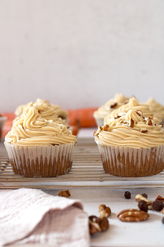Side view of frosted cupcakes with chopped nuts on top.