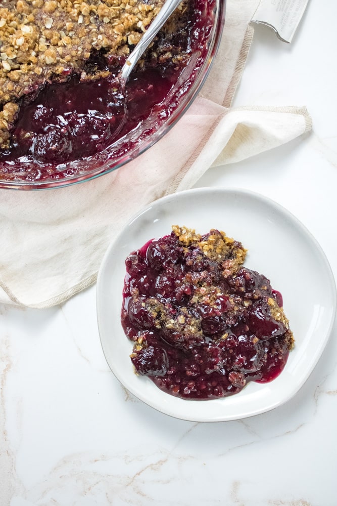 Cherry crisp on a plate. 