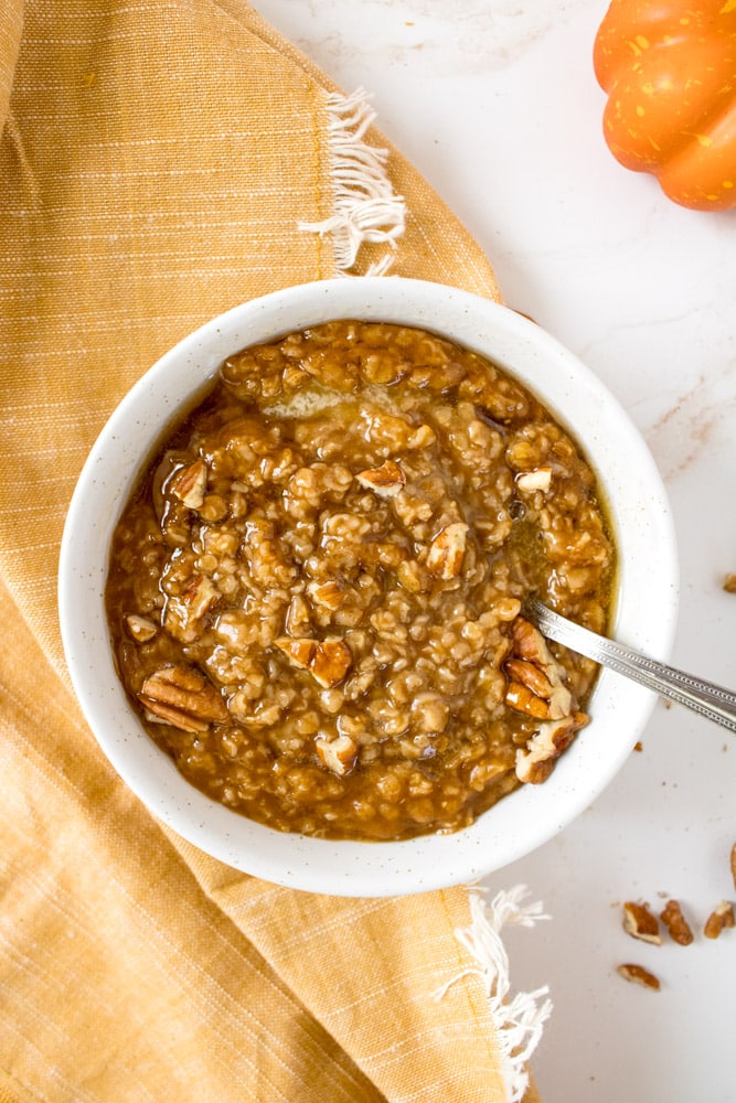Pumpkin spice oatmeal in a bowl.