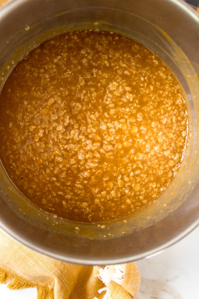 Pumpkin pie oatmeal in a pot.