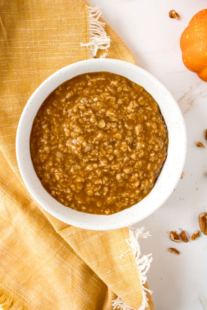 Pumpkin pie oatmeal in a bowl.