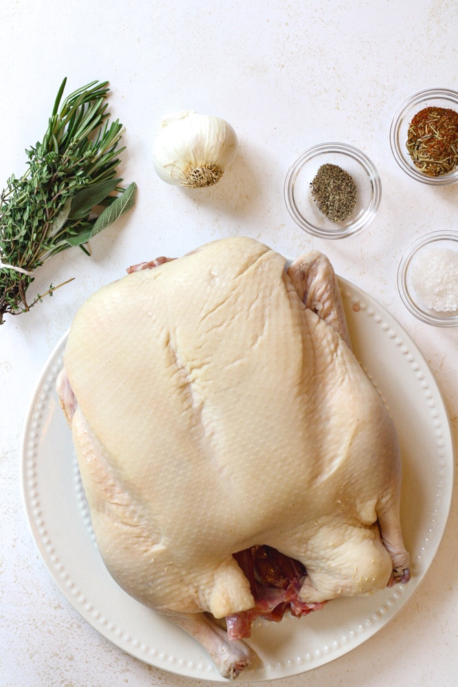 Whole duck ingredients on a table. 