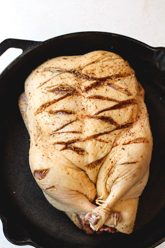 Whole duck tied with twine in a cast iron skillet.