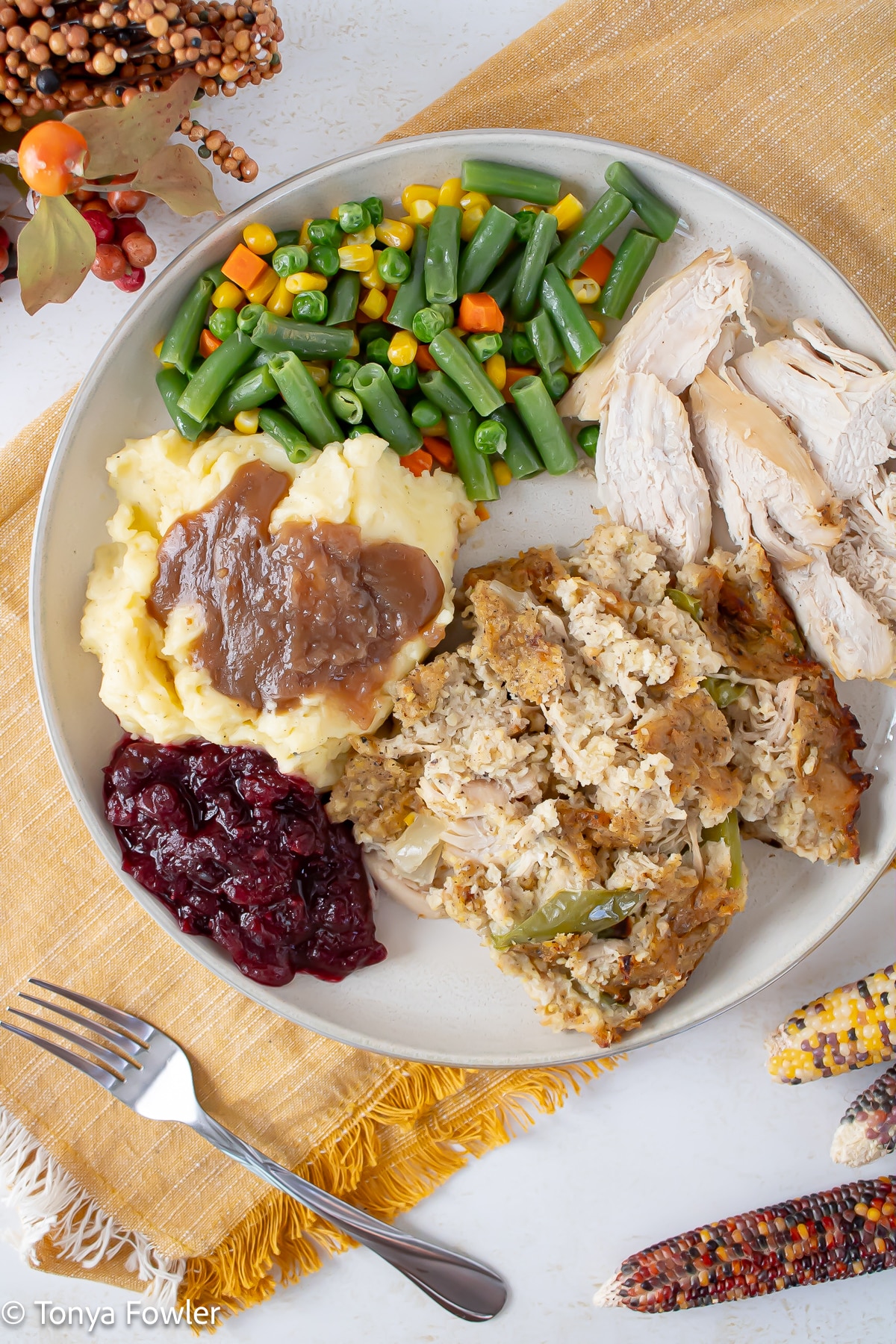 Overhead image of Thanksgiving plate.