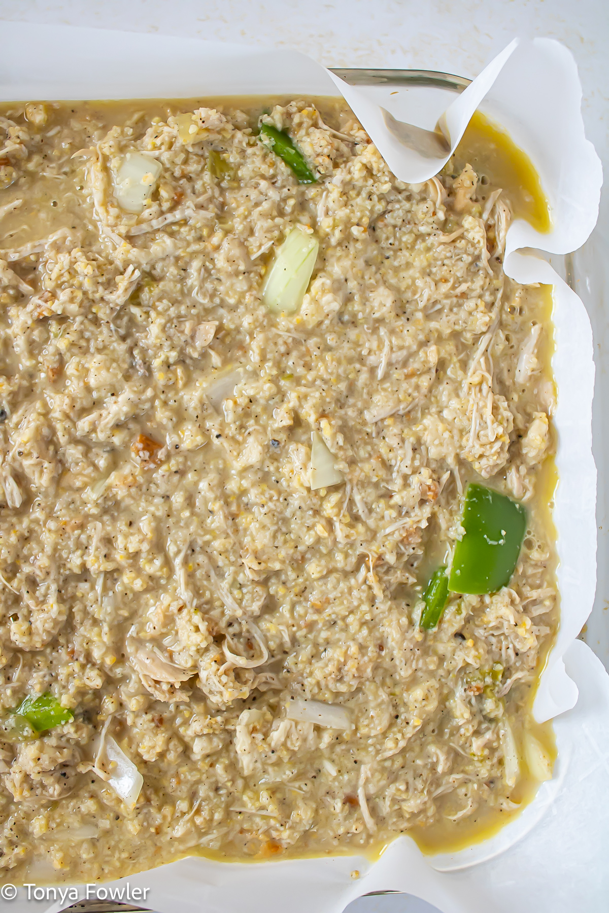 Unbaked dressing in baking dish.