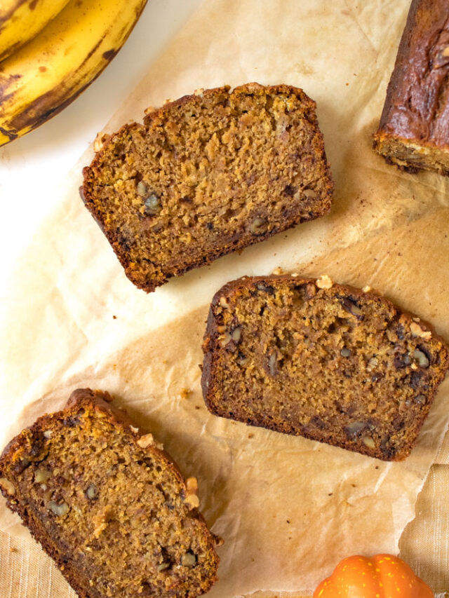 Overhead image of slices of banana cake.