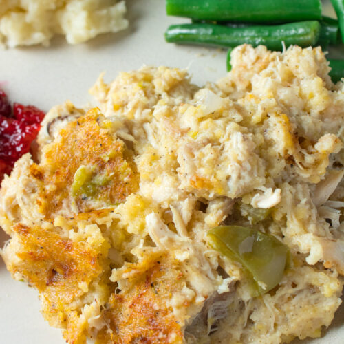 Close up image of chicken dressing on a plate.