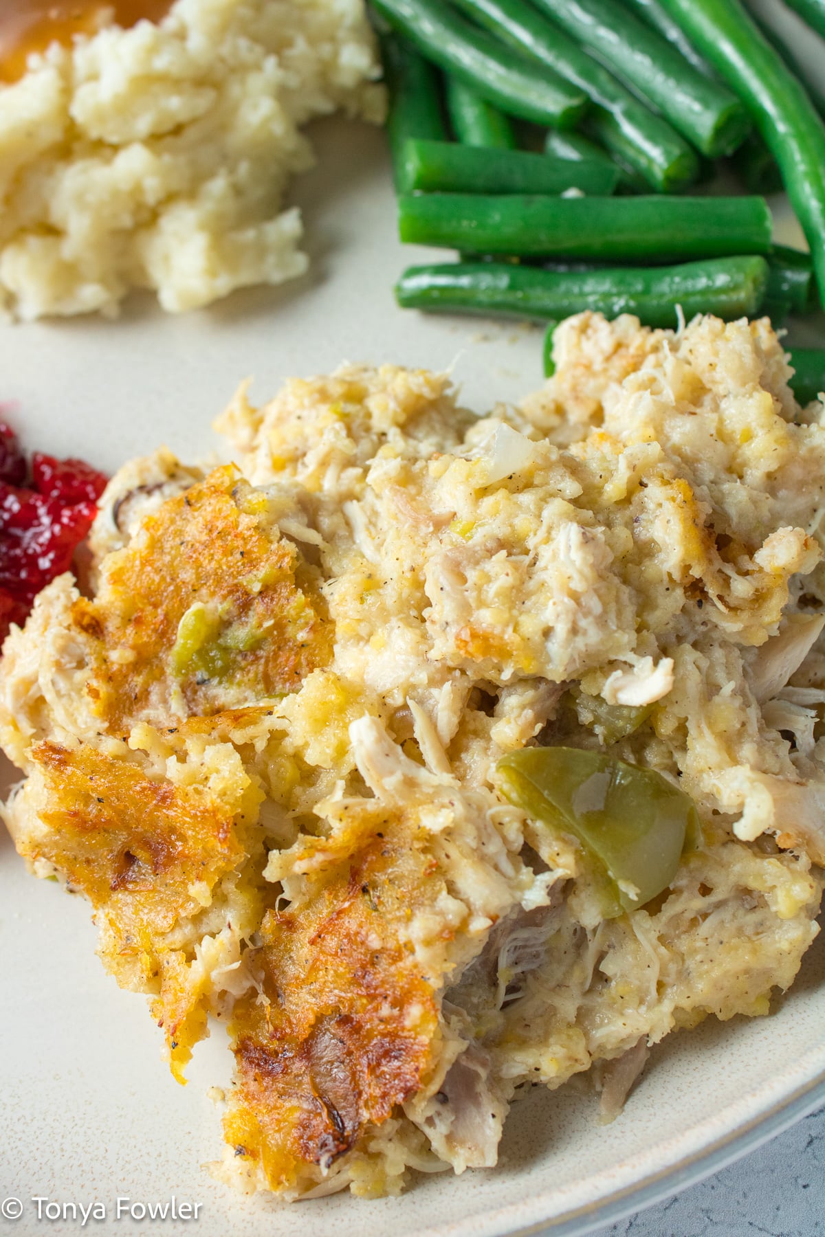 Close up image of chicken dressing on a plate.