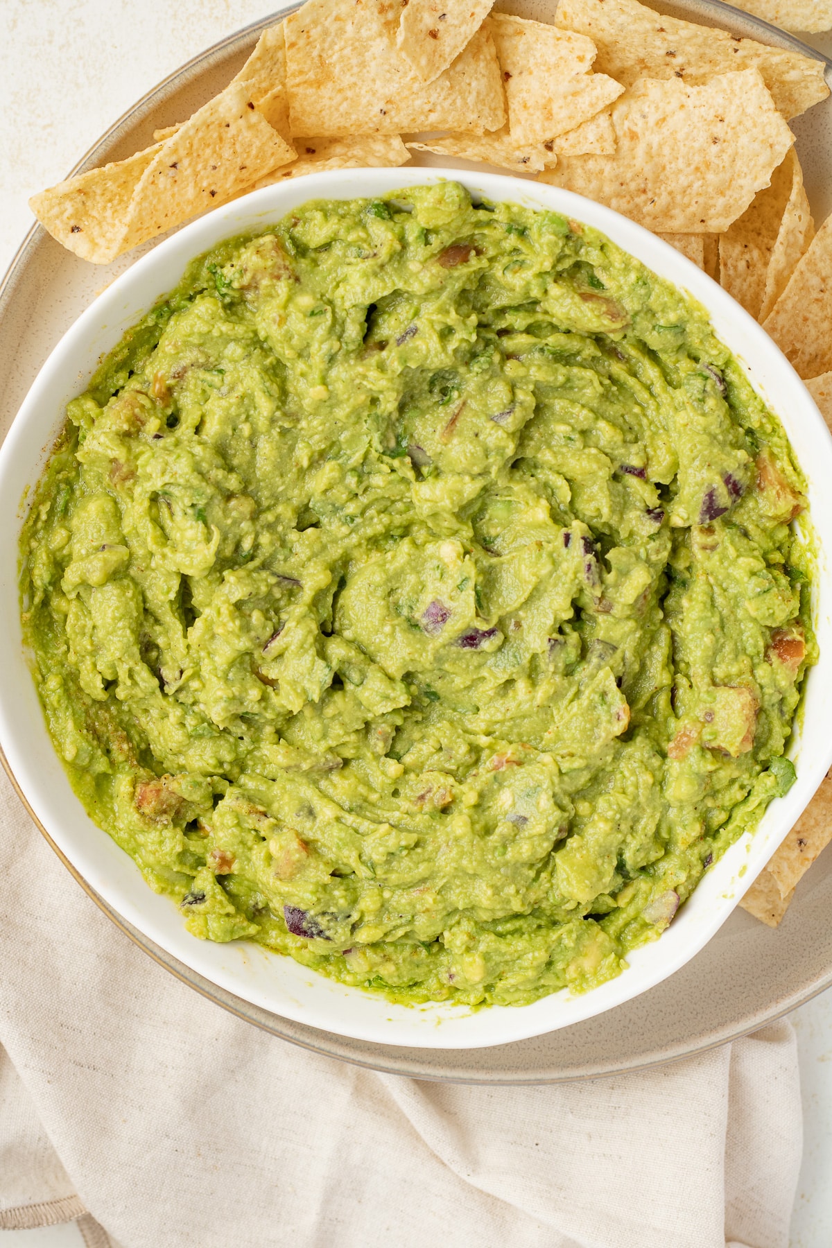 Overhead image of guacamole in a bowl.