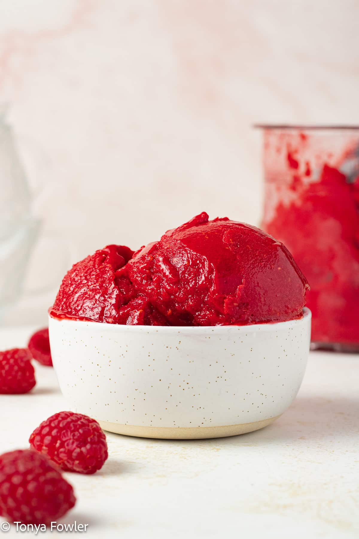 Side view of a bowl of raspberry sorbet in a bowl. 