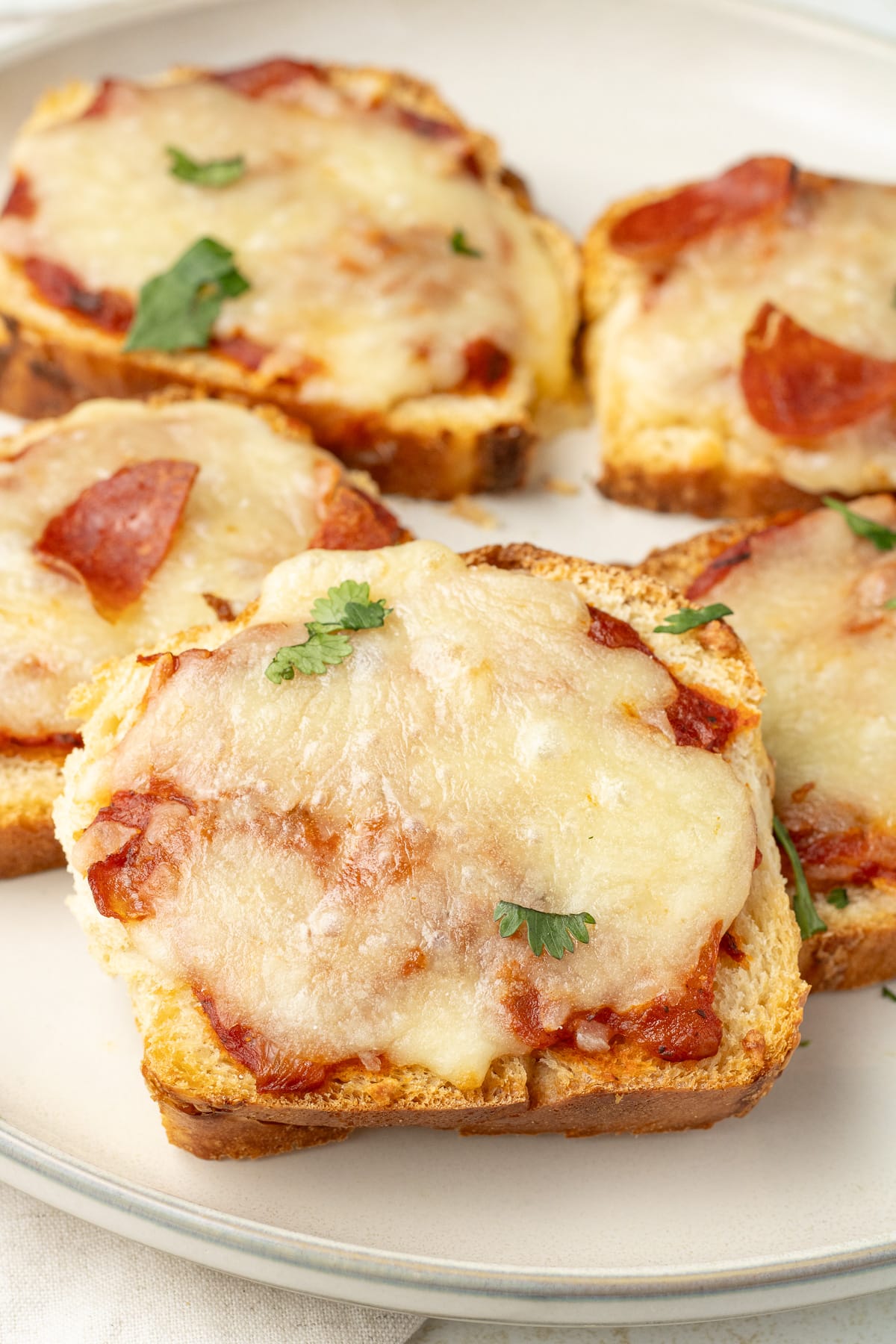 Close up image of pizza toasts on a plate with fresh herbs.