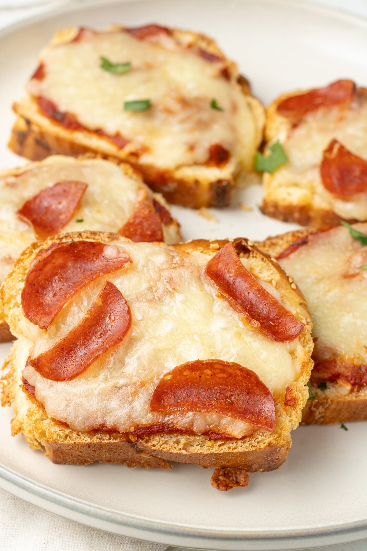 Close up image of pizza toast on a plate.