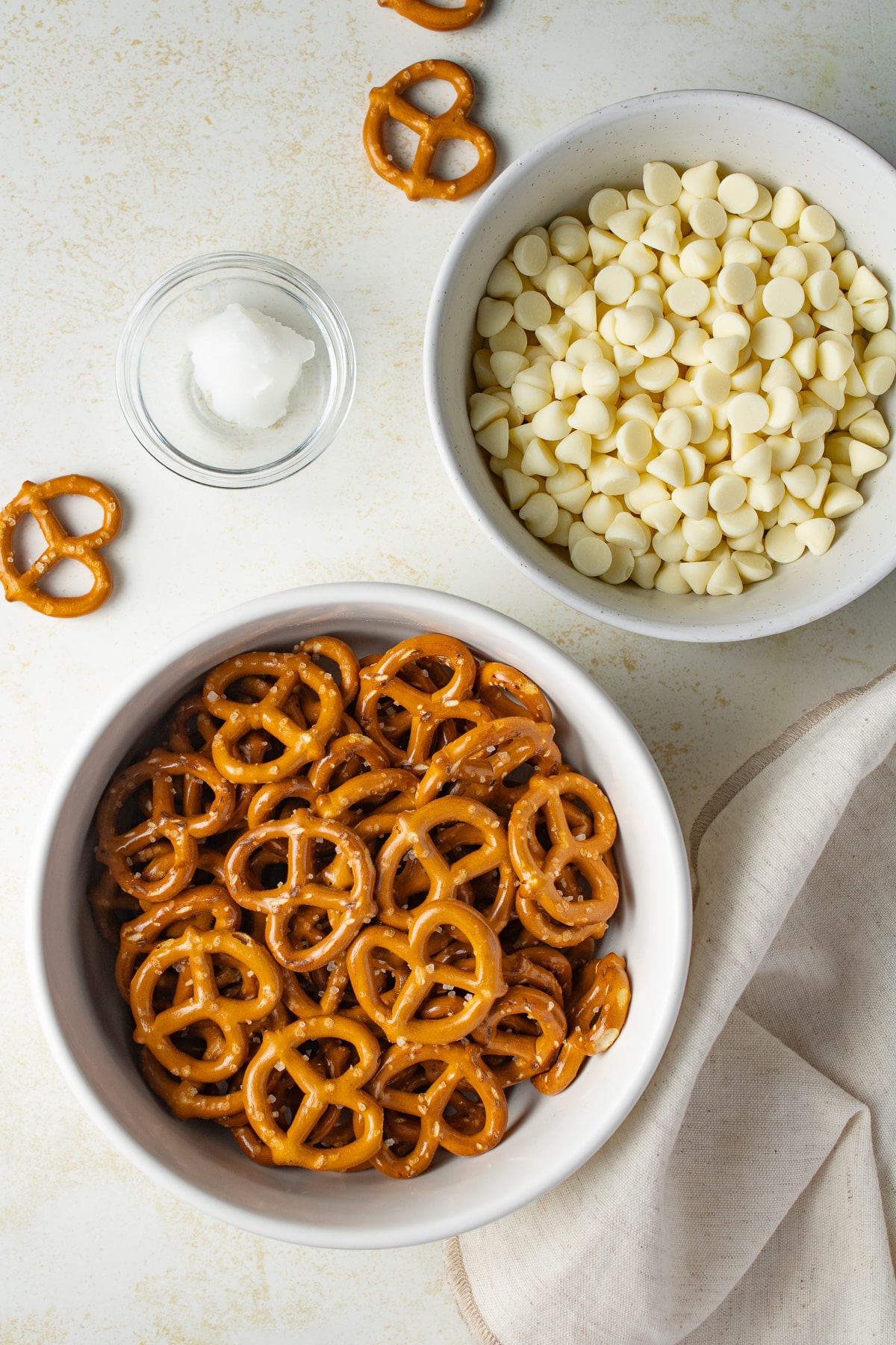 Chocolate pretzels ingredients on a table.