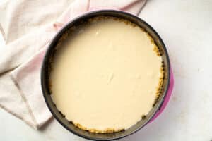 Cheesecake batter poured into the springform pan.