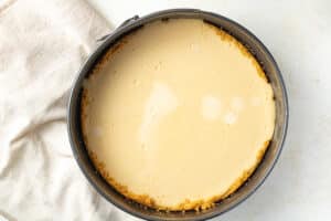 Baked cheesecake in a pan.