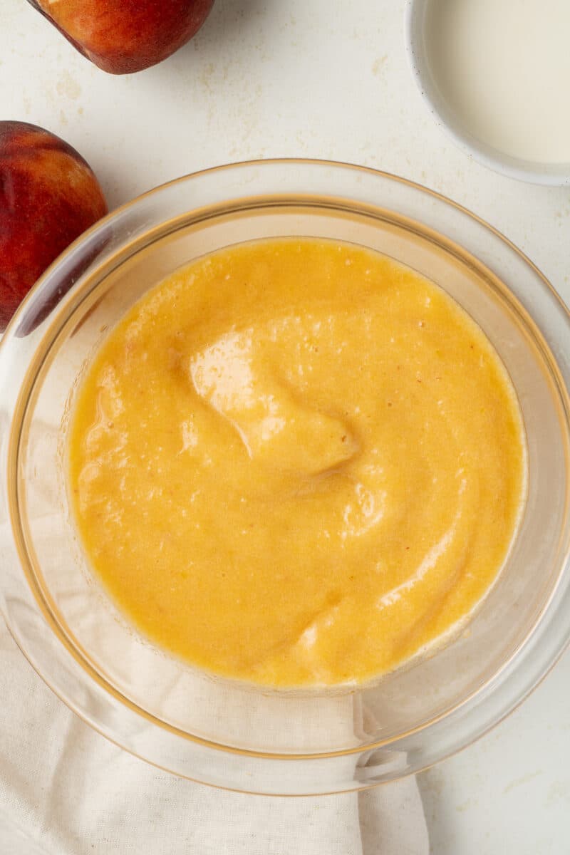 Blended peaches in a bowl.