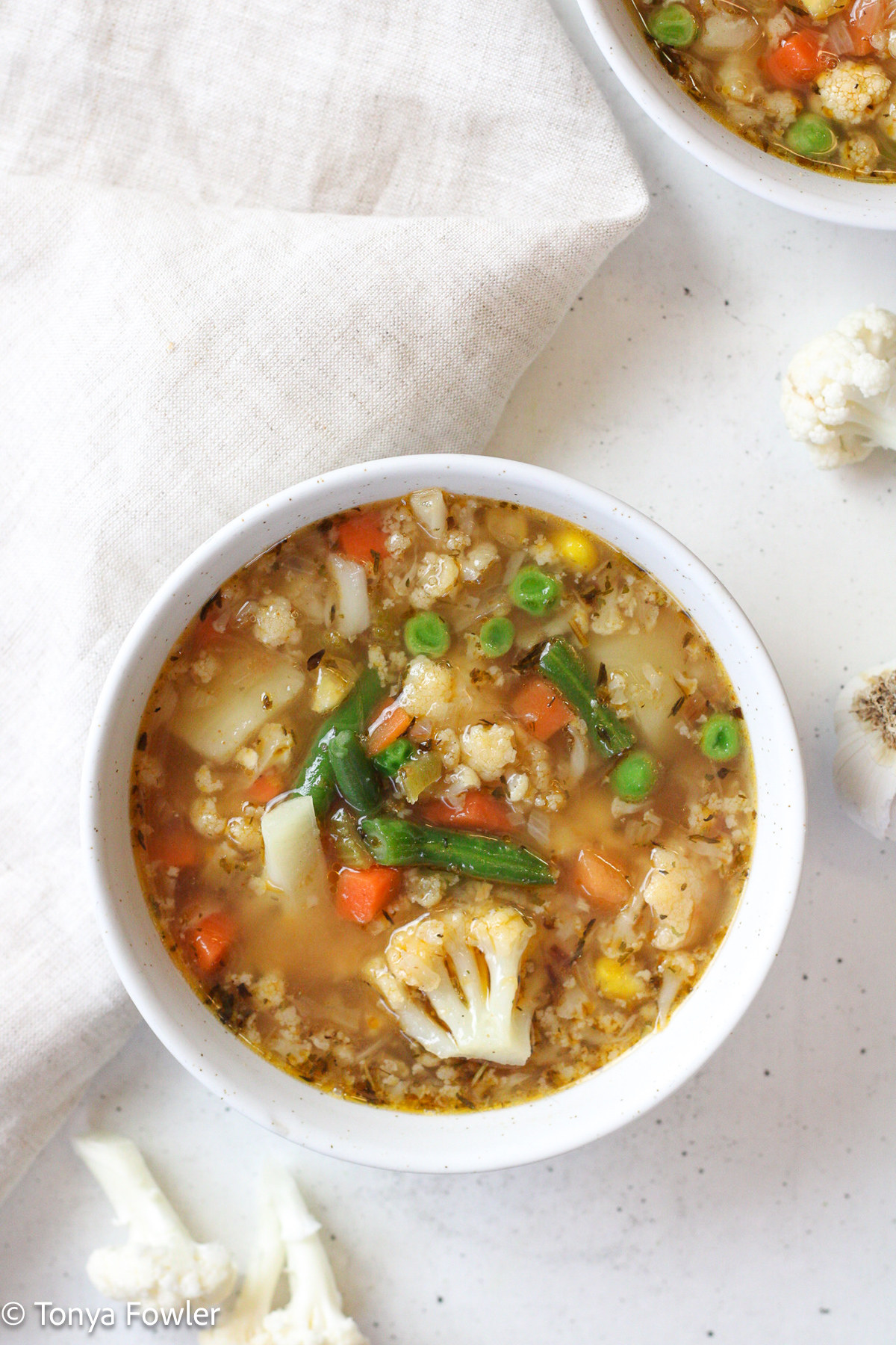 Overhead image of soup in a soup.