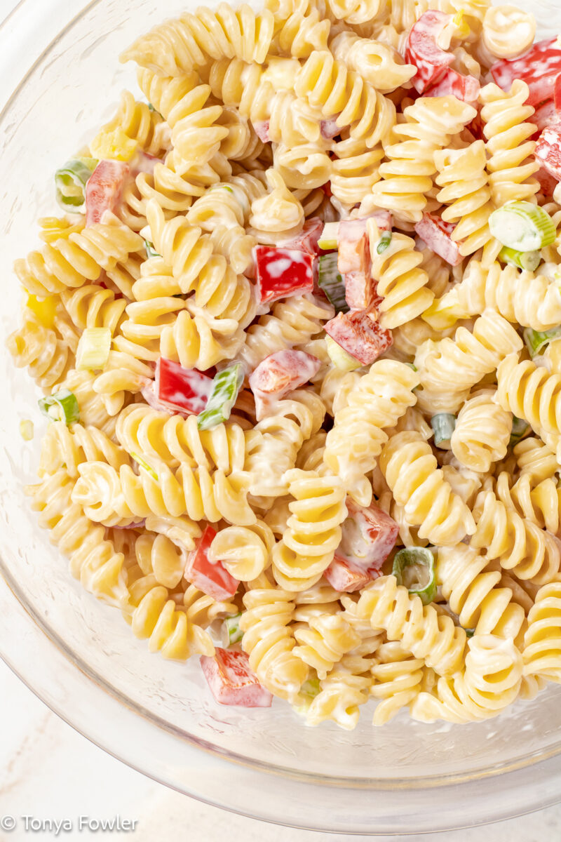 Pasta salad in a bowl.