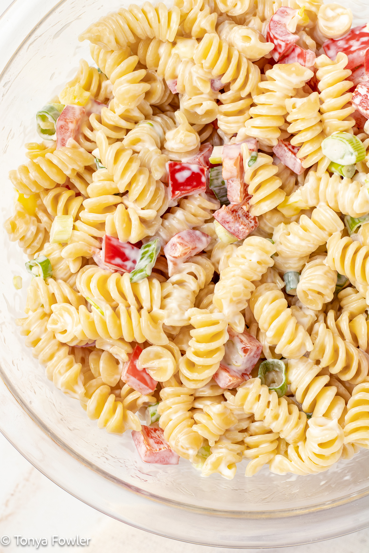 Pasta salad in a bowl.