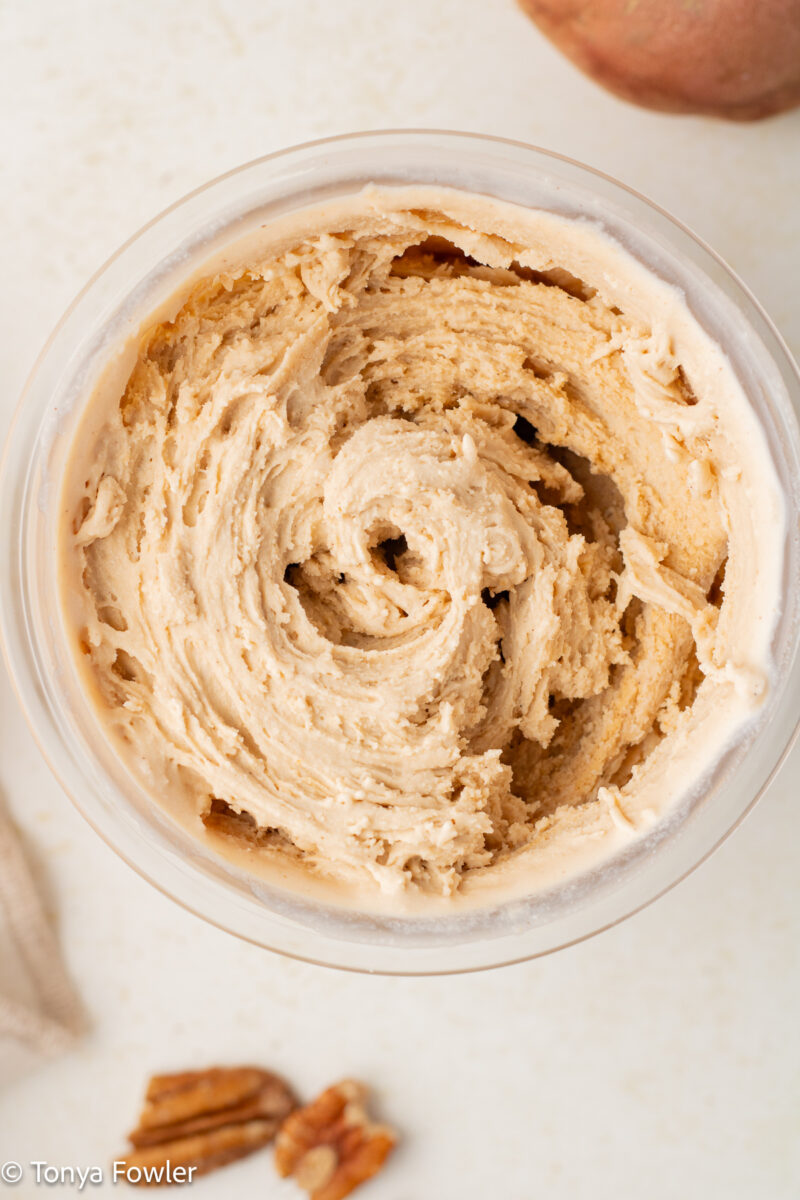 Overhead view of blended ice cream in a container.
