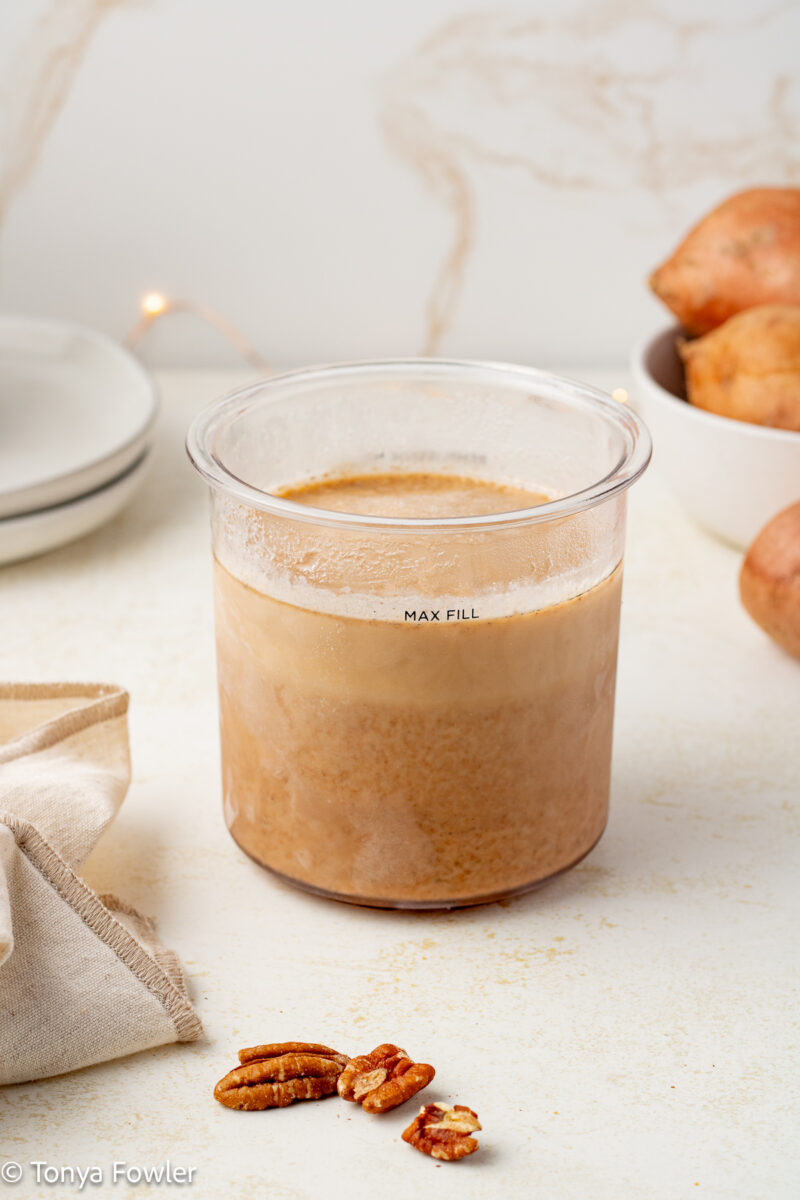 Frozen sweet potato ice cream base in a container with pecans and sweet potatoes arranged near by.