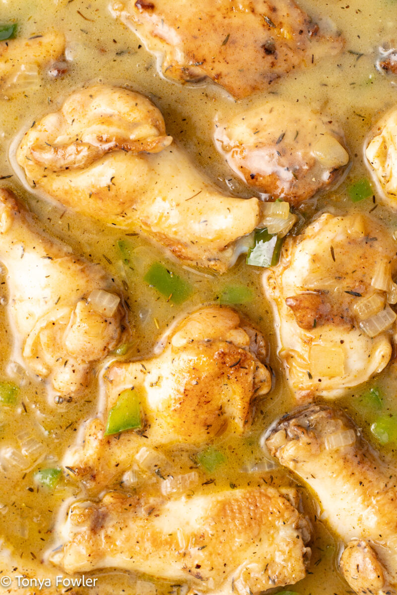 Close up image of chicken wings covered in gravy.