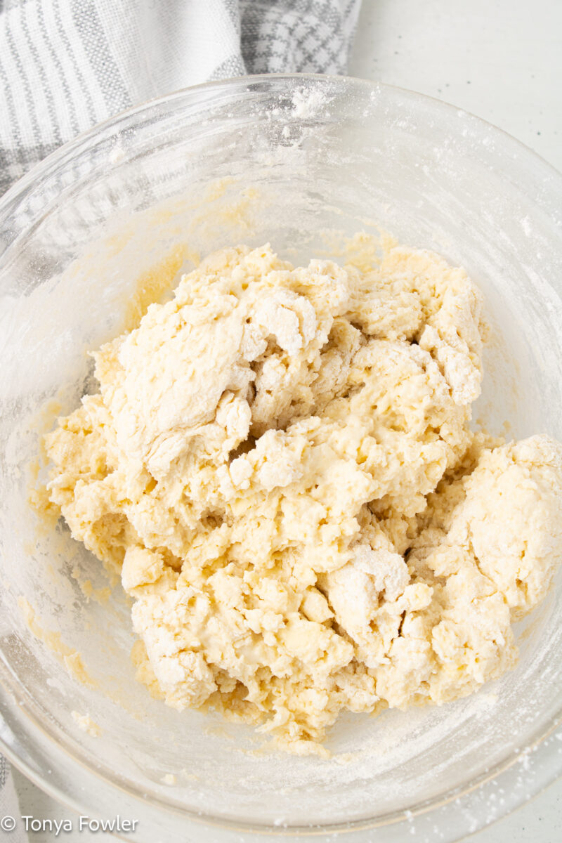 Biscuit dough in a bowl.