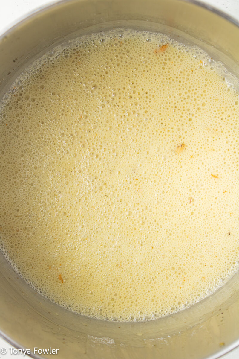 Cooked flour and olive oil in a pot used to make the gravy for the pot pie.