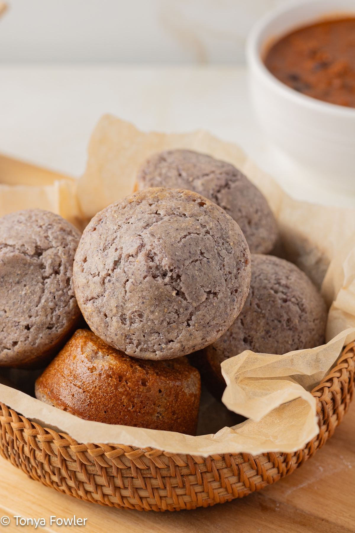 Blue Corn Cornmeal Muffins in a basket.