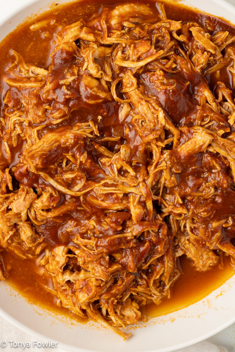 Close up image of a bbq pulled turkey in a bowl. 