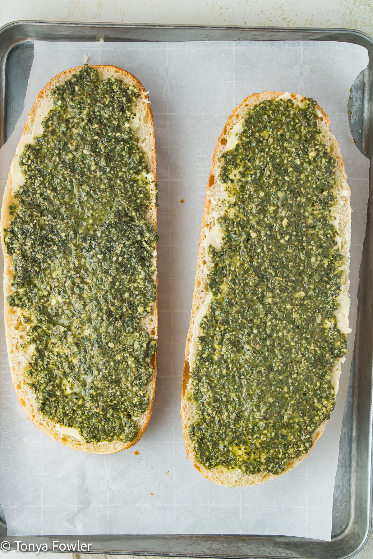 Pesto sauce on bread.